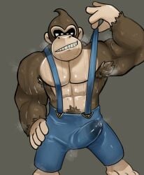 anthro ape bodily_fluids bottomwear breasts bulge clothed clothing detailed_bulge donkey_kong_(character) donkey_kong_(series) donkey_kong_bananza ejaculation feral genital_outline genitals gorilla grey_background haplorhine hi_res humanoid lil_gardon male male/male mammal monkey muscular muscular_anthro muscular_humanoid muscular_male nintendo nipples pants pecs penis penis_outline primate simple_background smile solo suspenders sweat sweatdrop sweaty_body sweaty_breasts sweaty_genitalia topless topless_anthro topless_male wet wet_body wet_clothing