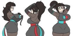 big_breasts curvy glasses hairbun long_hair noh-buddy short_skirt switch-tan thick_thighs tight_clothing tights wide_hips