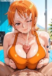 ai_generated big_breasts blush clothing cum cum_on_breasts cum_on_face eye_contact female heart_symbol male nami_(one_piece) one_eye_closed one_piece orange_eyes orange_hair paizuri projectile_cum sexy shiny_skin sports_bra tattoo zackwastaken01