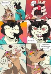 anthro bag body_swap canid canine canis collar dialogue dingo duo elysio_(asrio) female finger_in_mouth hi_res lagomorph leash leash_pull leporid male male/female mammal pushbutton rabbit rabbit_(railroad_rabbit) railroad_rabbit