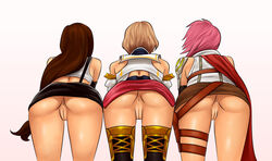 3girls anus apple_butt arched_back artist_request ashelia_b'nargin_dalmasca ass asses_row bent_over big_ass blonde_hair brown_hair bubble_butt color dat_ass eclair_farron female final_fantasy final_fantasy_vii final_fantasy_xii final_fantasy_xiii hair long_hair mooning multiple_girls pink_hair posing presenting round_asses take_your_pick tifa_lockhart