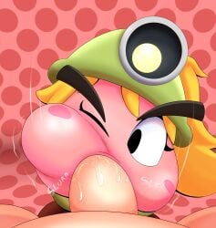 absurd_res blonde_hair blush bodily_fluids cheek_bulge clothing duo fellatio female first_person_view genitals goomba goombella hair hat headgear headwear hi_res human male male/female mammal mario_(series) mario_bros motion_lines nintendo one_eye_closed onomatopoeia oral oral_penetration paper_mario paper_mario:_the_thousand_year_door penetration penile penis saliva saliva_on_penis sex simple_background sound_effects tepigfan101 text waddling_head