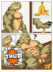 abs absurd_res anthro areola balls banana_peel biped body_hair chest_hair claws countershade_face countershade_tail countershade_torso countershading darknaigart dinosaur facial_hair foreskin genitals glans green_body hi_res humanoid_genitalia humanoid_penis jace_(darknaig) nipples pecs penis prehistoric_species question_mark reptile scalie solo tail theropod tyrannosaurid tyrannosauroid tyrannosaurus tyrannosaurus_rex uncircumcised