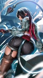 1girls animal_ears ass black_gloves black_hair black_shorts black_thighhighs blunt_bangs cowboy_shot female fingerless_gloves from_behind fur-trimmed_jacket fur_trim gloves green_eyes green_jacket highres holding holding_knife jacket jane_doe_(zenless_zone_zero) knife liang_xing long_hair looking_at_viewer looking_back mouse_ears mouse_girl mouse_tail multicolored_hair outdoors pantyhose red_hair shorts single_thighhigh smile solo tail thighhighs thighs torn_clothes torn_pantyhose torn_thighhighs two-tone_hair zenless_zone_zero