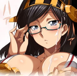 black_eyes black_hair breasts censored cum cum_on_breasts cum_on_face cum_on_hair facial female glasses hair_ornament huge_breasts jet_yowatari kantai_collection kirishima_(kantai_collection) long_hair looking_at_viewer no_bra solo solo_female upper_body