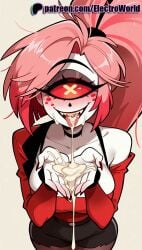 1girls 2025 ai_generated artist_name blush breasts breasts breasts bust cherri_bomb cherri_bomb_(hazbin_hotel) chest cum cum_in_mouth cum_on_tongue electroworld eyepatch female hazbin_hotel hi_res high_quality high_resolution highres jacket off_shoulder one-eyed patreon patreon_username pink_hair solo stable_diffusion watermark