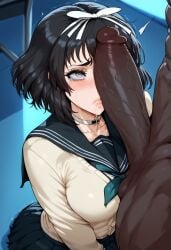1girls 2d ai_generated ai_sensuality black_hair blush crying crying_with_eyes_open dark-skinned_male drooling euphoria euphoria_(clockup) fat_cock female grey_eyes hair_ornament hair_ribbon hokari_kanae imminent_oral imminent_rape large_penis light-skinned_female penis_on_face rape school_uniform short_hair shy solo solo_female tears teenager trembling uniform younger_female