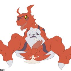 1boy anus balls blush crazedg cum cum_in_ass cum_inside cum_on_body cum_on_self digimon gay guilmon male male_only penis scalie solo spreading tongue tongue_out yaoi