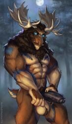 abs anthro antlers balls blue_eyes deer diffuse_moose fur genitals hi_res horn male mammal moose new_world_deer pecs penis rosemary02 scut_tail short_tail solo tail vein veiny_penis