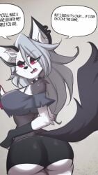 1girls 9:16 anthro armwear ass big_ass big_breasts bottomwear breasts bubble_butt choker clothed clothing female female_only furry furry_female furry_only grey_hair hair hellhound helluva_boss longer_than_10_seconds loona_(helluva_boss) lucyfercomic open_mouth phone rear_view red_eyes shorter_than_30_seconds shorts speech_bubble tagme tail text thick_thighs topwear vertical_video video white_body wide_hips wolf wolf_ears wolf_girl wolf_tail