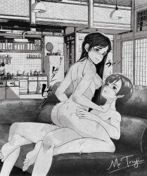 1boy 1girls age_difference black_hair blood+ couch couch_sex cowgirl_position diva_goldsmith female kitchen living_room long_hair male miyagusuku_riku monochrome naked sex short_hair vampire vampire_girl