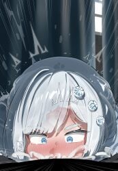 1boy absurdres akershus_fortress_(oshiro_project) blue_eyes commentary_request cum cum_in_mouth cum_overflow deepthroat fellatio female grey_hair highres mizumizuni oral oshiro_project:re penis pov short_hair solo_focus straight sweat tears