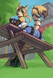 2025 anthro ass blonde_hair breasts brown_body brown_fur clothed clothing felid feline female fur green_eyes hi_res looking_back mammal mihoyo multicolored_body multicolored_fur open_mouth open_smile outside pulchra_fellini smile solo tail tan_body tan_fur thiren triggerpigart yellow_body yellow_fur zenless_zone_zero