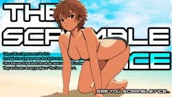 all_fours beach bikini breasts brown_eyes brown_hair cleavage cute doggy_style female female_only looking_at_viewer messy_hair official_art on_all_fours picopico256 pixel_art sakuragi_kei short_hair tanned tanned_female tanned_skin the_scramble_vice tomboy