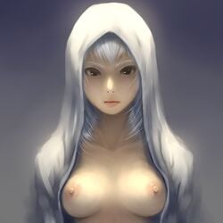 aaaa black_eyes breasts female female_only front_view human lips looking_at_viewer nipples open_clothes portrait solo tagme white_hair