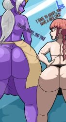 2futas ass ass_focus balls big_ass big_balls bikini bottomless braid bulge chainsaw_man dialogue from_behind futa_only futanari hand_on_hip huge_ass huge_balls league_of_legends makima_(chainsaw_man) ponytail purple_skin red_and_blu red_eyes soraka thick thick_ass thick_thighs white_hair yellow_eyes
