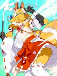1girls 2025 5_fingers anthro big_breasts blush breasts canid canine clothed clothed_anthro clothed_female clothing countershade_torso countershading digital_media_(artwork) female female_only fingers fox front_view hakama hi_res holding_object inner_ear_fluff japanese_clothes kame_3 mammal miko miko_outfit open_mouth orange_tail red_eyes red_hakama shrine_maiden solo standing tail thighhighs tuft white_thighhighs