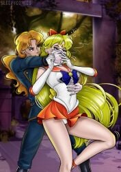 1boy 1girls bare_thighs blonde_hair breasts captured chloroform female hairbow high_heels long_gloves magical_girl male maledom rolling_eyes sailor_senshi_uniform sailor_venus skirt sleepycomics struggling very_long_hair white_gloves white_panties zoisite