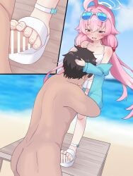 1boy absurdres beach blue_archive blue_eyes blush brown_eyes clothed_female_nude_male feet female footjob hand_on_another's_head heterochromia highres hoshino_(blue_archive) hoshino_(swimsuit)_(blue_archive) long_hair nude open_mouth paingoro pink_hair sandaljob sensei_(blue_archive) sensei_(blue_archive_the_animation) shoejob sunglasses_on_head toes