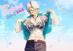 abs beach belt big_breasts blush bra breasts female female_focus female_only jacket looking_over_eyewear looking_over_sunglasses mrpatty110302 path_to_nowhere shades short_hair sunglasses tattoo tattooed_female tinted_eyewear transparent_clothing wet_clothes zoya_(path_to_nowhere)