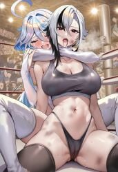 ai_generated arlecchino_(genshin_impact) blood_stain catfight furina_(genshin_impact) genshin_impact humiliate humiliated sports_bikini sports_bra wounded wrestling wrestling_ring wrestlingryona yuri