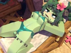 1girls 3d beach beveledblock breasts erect_nipples female fingering_pussy green_bikini green_hair green_nails green_toenails horny_female lace-trimmed_panties looking_at_viewer lying masturbation mine-imator minecraft open_mouth outdoors smile solo solo_female sunlight swimsuit tagme tongue_out wet_pussy zombae_(beveledblock)