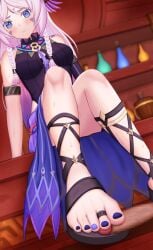absurdres blue_eyes blush citlali_(genshin_impact) denokoto feet female footjob genshin_impact highres long_hair pink_hair sandals shoejob toes