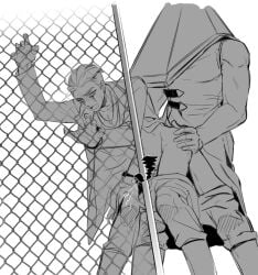 2boys anal anal_sex big_dom_small_sub black_censor_bar censored_penis crossover cumming dead_by_daylight gay gay_sex hands_on_hips male monster open_mouth pants_down penis pyramid_head silent_hill the_trickster yaoi