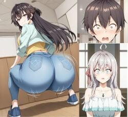 1boy 2girls ai_generated alisa_mikhailovna_kujou alternate_version_available ass ass_focus ass_shake big_ass black_shoes blue_pants bouncing_ass casual coat female jeans kuze_masachika long_hair long_sleeves looking_at_viewer looking_back motion_blur motion_lines pants purple_eyes shaking_ass shirt shoes smile squatting suou_yuki thick_ass thick_thighs throwing_it_back tokidoki_bosotto_russian_de_dereru_tonari_no_alya-san twerk twerking wide_hips yellow_shirt
