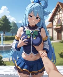 ai_assisted ai_generated akira_hentai aqua_(konosuba) boobs_out breasts date dating door female flirting fondling_breast grabbing_breasts groping guided_breast_grab horny in_doorway inviting konosuba looking_down opening patreon_reward patreon_username showing_breasts shushing