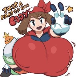 1boy 1girls arm_around_shoulders bandana big_nipples blue_eyes breast_focus breasts breasts_bigger_than_head brendan_(pokemon) brown_hair casual clothed collarbone cute_fang exaggerated_anatomy female fully_clothed gigantic_breasts gloves grabbing grabbing_another's_breast grabbing_from_behind grey_impact greyimpaction huge_breasts huge_nipples hyper_breasts looking_at_viewer male may_(pokemon) mouth_open movement_lines nipples_visible_through_clothing no_bra one_fang_visible pokemon pokemon_rse pressed_against smile squish squished_breasts squishing star sweatdrop text torchic w white_background