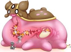 ambiguous_gender anthro anus bboing canid canine digestion domestic_cat felid feline felis feral fox gastrodon generation_4_pokemon group hi_res internal male mammal nintendo organs pink_body pokemon pokemon_(species) size_difference stomach tongue tongue_out vore