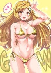:d anno_shura arm_behind_back cameltoe cheerful curvy duel_masters female female_only gold_bikini golden_bikini golden_week hand_on_head happy large_breasts micro_bikini musical_note smile spoken_musical_note thighs upper_teeth_only van_beethoven,_zenith_of_"shura" voluptuous waving_hand