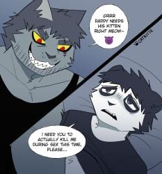 anthro bear bubble_text catkitte comic creepy_grin daddy_kink demon_emoji dialogue duo emoji english_text felid forced giant_panda grin hi_res imminent_rape incest_(lore) male male/male malicious mammal pantherine rape_face red_eyes sad scar sex smile suicidal suicidal_ideation text yellow_eyes
