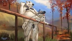 anal anal_sex animal_mask anthro bear collar duo forest forest_background genitals half-erect harness hi_res humanoid_genitalia humanoid_penis hyena kodacine leash leash_pull leashed_collar looking_pleasured male male/male mammal mask nature nature_background open_mouth outside penetration penile penile_penetration penis plant polar_bear public public_nudity public_sex pup_mask sex size_difference slightly_chubby slightly_chubby_anthro slightly_chubby_male snarling spotted_hyena tail tongue tongue_out tree ursine