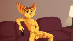 anthro armpits athletic athletic_male balls ballsack brown_body brown_fur couch digital_drawing_(artwork) digital_media_(artwork) edit erection front_view furniture furry game_controller green_eyes headw headwear headwear_only holding_controller holding_object humanoid_genitalia humanoid_penis jerseydevil lombax long_penis male male_only muscles muscular muscular_anthro muscular_male naked nude penis pinup pose presenting presenting_penis ratchet_(ratchet_and_clank) ratchet_and_clank smile smiling smiling_at_viewer sofa solo spread_legs spreading testicles two_tone_body two_tone_fur video_games yellow_body yellow_fur