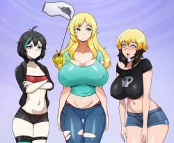 3girls alice_(keeperika) belly_shirt black_hair blonde_hair cassie_(keeperika) coin crop_top drooling erikaa female femsub green_eyes green_hair hizarther huge_breasts hypnosis jean_shorts jeans leaning_forward long_hair midriff mind_control navel navel_piercing open_mouth original pendulum pov red_eyes shinzu031 short short_hair short_shorts shorts small_breasts spats spiral_eyes t-shirt thong tongue_out wide_hips