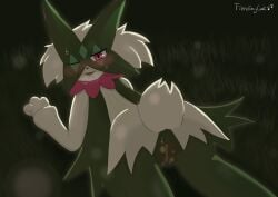 absurd_res anthro aroused ass blush bodily_fluids breath felid feline female fiendingcat fur generation_9_pokemon genital_fluids genitals grass_field green_body green_fur hi_res looking_at_viewer looking_back lying mammal meowscarada night nintendo on_front one_eye_closed open_mouth pink_eyes pokemon pokemon_(species) presenting presenting_pussy pussy solo sweat vaginal_fluids wink winking_at_viewer
