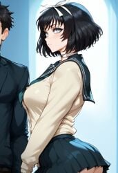 1girls 2d ai_generated ai_sensuality black_hair blush drooling euphoria euphoria_(clockup) female grey_eyes hair_ornament hair_ribbon hokari_kanae light-skinned_female school_uniform short_hair shy solo solo_female teenager uniform younger_female