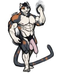 5_fingers abs anthro balls barazoku biceps big_balls big_muscles big_penis biped black_hair black_pubes bodily_fluids body_hair brown_body brown_fur calico_cat chest_hair claws closed_smile deltoids digital_drawing_(artwork) digital_media_(artwork) domestic_cat feet felid feline felis fingers flaccid flat_colors flexing flexing_bicep foreskin front_view full-length_portrait fur genital_fluids genitals green_sclera grey_body grey_fur hair humanoid_genitalia humanoid_hands humanoid_penis looking_forward magic magic_user male male_anthro mammal monotone_background mouth_closed multicolored_body multicolored_fur muscular muscular_anthro muscular_male navel nipples nude nude_anthro nude_male oldshep pecs penis pink_balls pink_nipples pink_nose pink_penis plantigrade portrait precum pubes quads raised_arm short_hair signature simple_background smile solo standing tail toe_claws toes triceps whisker_spots white_background white_body white_fur white_inner_ear yellow_eyes