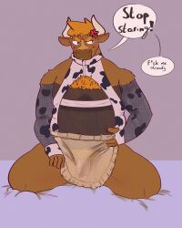 animal_print anthro belly bovid bovine cattle clothing cow_print genitals growlkokel hi_res kneeling maid_apron maid_uniform male mammal momo_(growlkokel) penis slightly_chubby solo translucent uniform