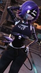 big_breasts big_thighs crop_top female female_only fit fit_female glowing glowing_eyes goth goth_girl looking_at_viewer murder_drones purple_hair robot robot_girl samtrix short_hair tagme underboob uzi_(murder_drones) white_eyes