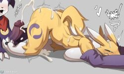 3_toes after_sex anthro armwear ass ass_up athletic athletic_anthro athletic_female balls bandai_namco big_breasts big_butt big_penis blush bodily_fluids breasts claws clothing cooliehigh cum cum_on_butt cum_on_ground cum_on_head cumshot digimon digimon_(species) digimon_tamers duo ejaculation elbow_gloves erection feet female female_fox fox genital_fluids genitals glans gloves handwear hankerchief heart_symbol hi_res humanoid_genitalia humanoid_penis imp impmon male male/female muscular muscular_thighs neck_tuft penis purple_balls purple_glans purple_penis renamon sweat toe_claws toes tuft vixen