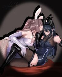 abs bunny_ears bunnysuit cherieluna09 clothed clothes clothing female female_focus female_only larger_female licking muscular muscular_female oc original_character path_to_nowhere rahu_(path_to_nowhere) scar scar_on_face self_insert shorter_female smaller_female stockings taller_female thighhighs thighs tight_clothing yuri