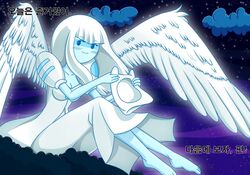 1girls adventure_time angel angel_wings blue_skin cleavage guardian_angel_(adventure_time) text translation_request wb_(pixiv5616725) white_hair