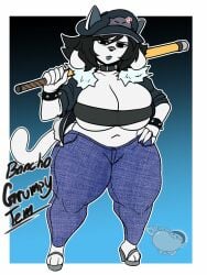 3_toes 5_fingers anger_vein bancho belly_button big_breasts black_hair bracelet breasts cap choker clothed clothing ear ears_through_headwear footwear furry hat headwear heels huge_breasts jacket jacket_open jeans jyto lipstick pants shoes short_hair tail temmie_(undertale) thick_thighs tube_top tubetop unamused undertale_(series) weapon wide_hips
