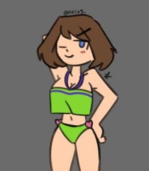 blue_eyes brown_hair green_clothing green_swimsuit kkt05 may_(pokemon) pokemon showing_off swimsuit swimwear two_piece_swimsuit