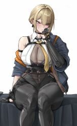 1girls 2d 2d_(artwork) 2d_artwork absurdres bed black_gloves black_pants blonde_hair borrowed_clothes breasts cluhob digital_drawing_(artwork) digital_media_(artwork) earrings evelyn_chevalier fanart female female_focus female_only gloves high-waist_pants highres jacket jewelry large_breasts mole mole_under_eye necktie no_dialogue on_bed open_clothes open_jacket pants purple_eyes shirt sitting sniffing sniffing_clothes solo solo_female solo_focus tight_clothes tight_pants white_shirt wide_hips wise_(zenless_zone_zero) zenless_zone_zero