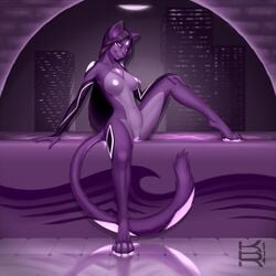 1:1 anthro barefoot breasts cat color feline female female_only fur furry furry_tail glowing glowing_nipples indoors kobraa mammal nipples nude open_eyes purple_eyes purple_fur pussy sitting solo tail vulva