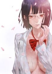 bangs black_hair breasts cherry_blossoms cum dress_shirt facial female glasses large_breasts long_sleeves looking_at_viewer no_bra open_clothes open_shirt petals red_eyes rose_petals shirt short_hair solo striped